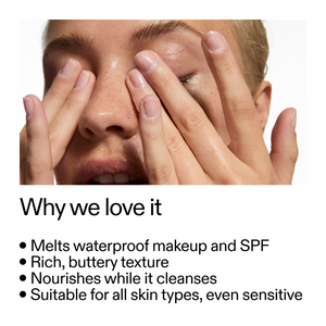 Person holding hands over face with text about skincare product benefits