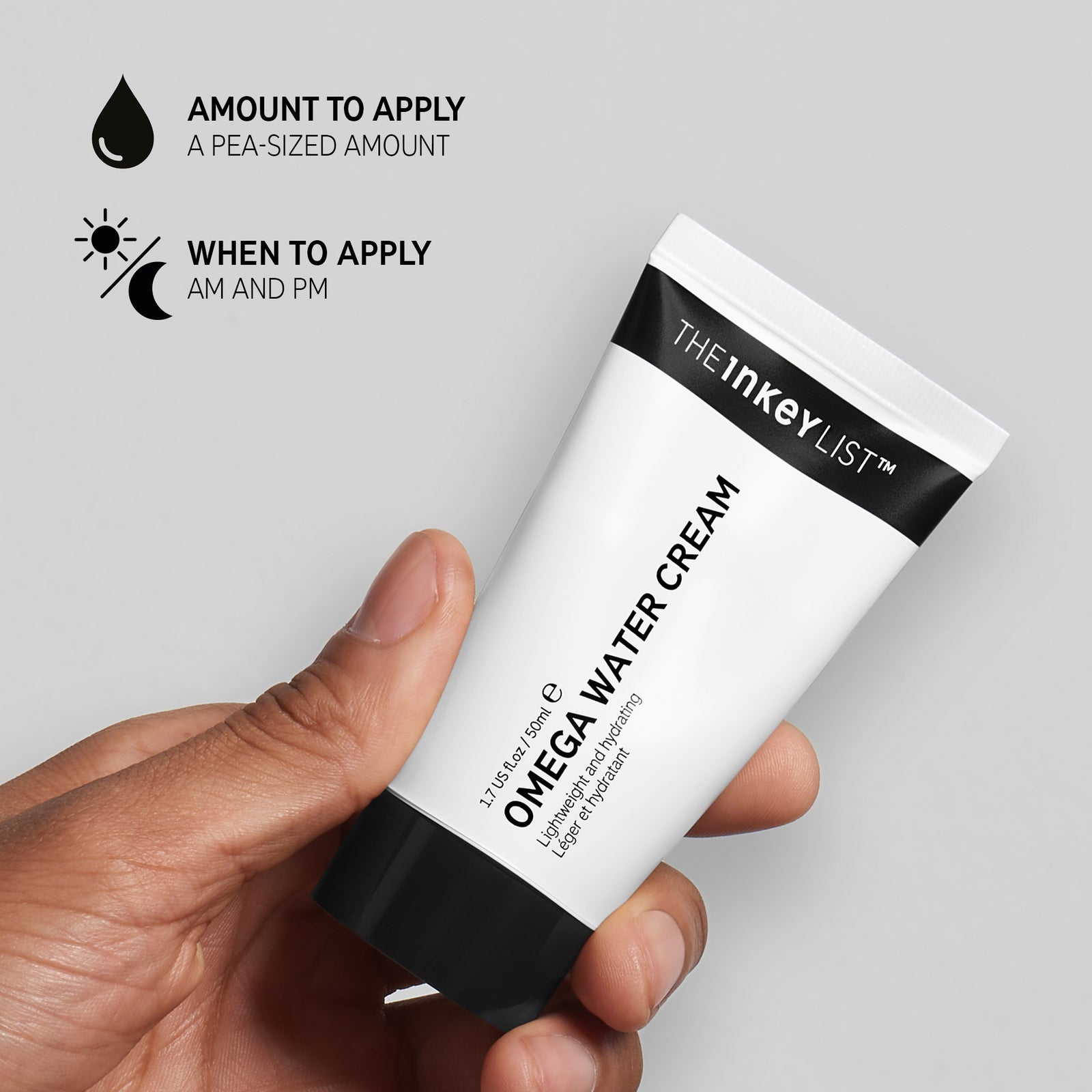 Hand holding Omega Water Cream with black text explaining how and when to use it.