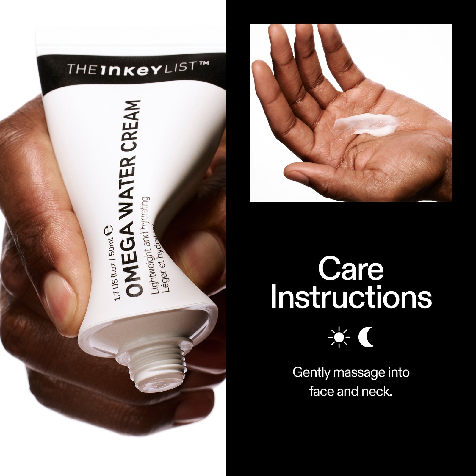 Model applying The INKEY List Omega Water Cream with daily how-to routine steps