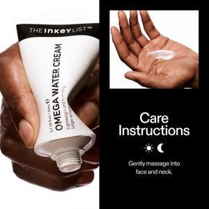 Model applying The INKEY List Omega Water Cream with daily how-to routine steps