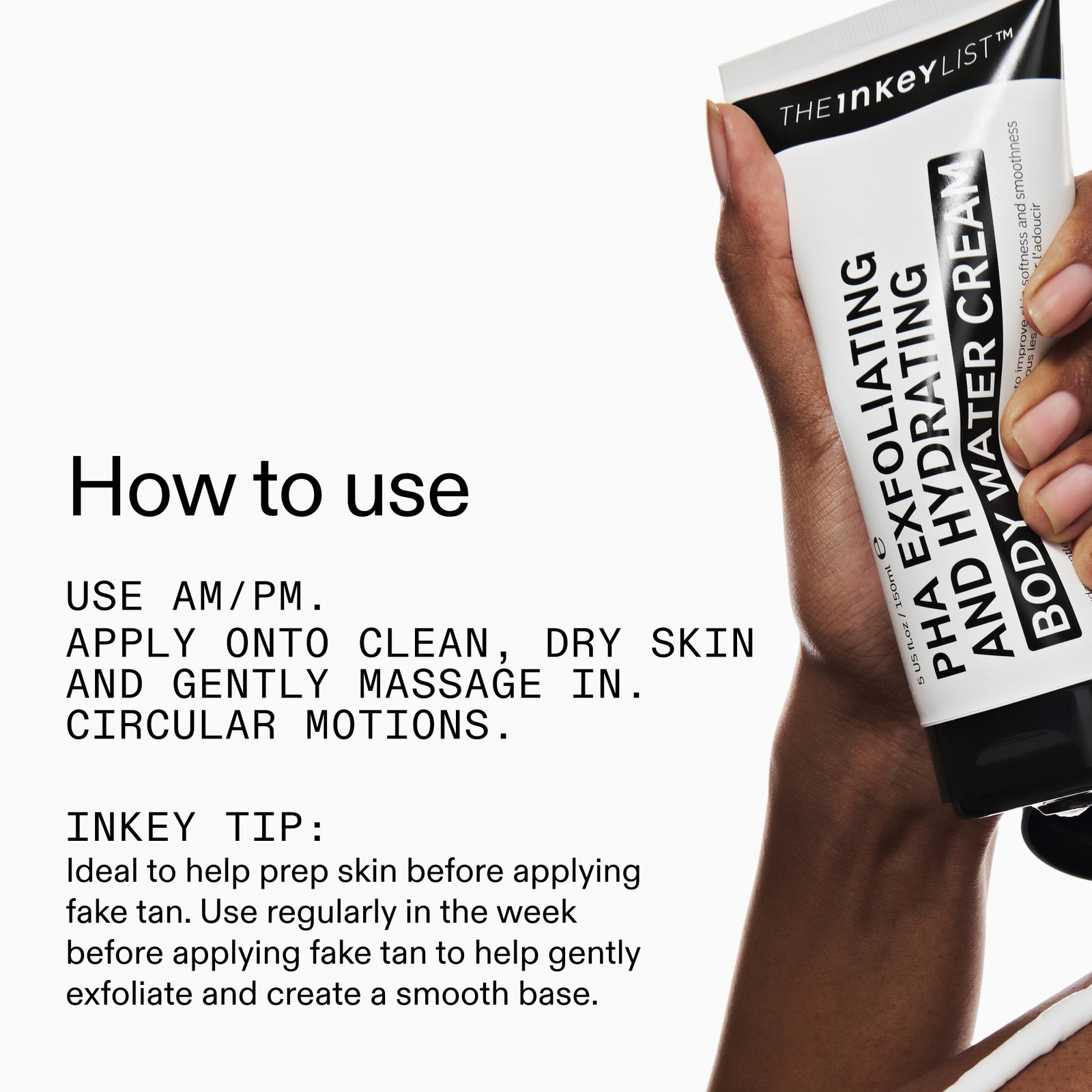 Hand holding a tube of 'The INKEY List' body cream with usage instructions on a white background