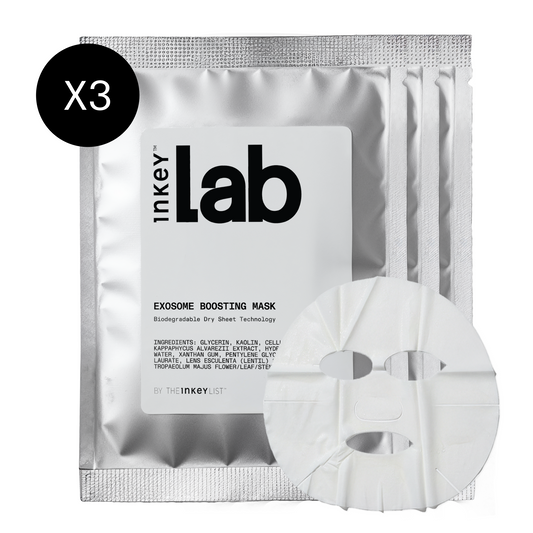 Packaging of Inkey Lab Exosome Boosting Mask with a white mask attached, on a white background.