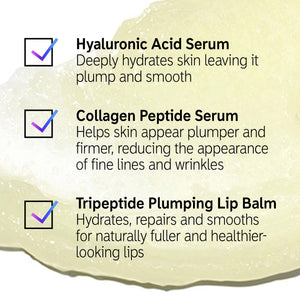 Info graphic with goop shot background and text overlay that reads ''Hyaluronic Acid Serum deeply hydrates skin leaving it plump and smooth, Collagen Peptide Serum helps skin appear plumper and firmer, reducing the appearance of fine lines and wrinkles, Tripeptide Plumping Lip Balm hydrated, repairs and smooths for naturally fuller and healthier looking lips'