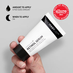 Instructions on how to apply Retinol Serum with allure badge