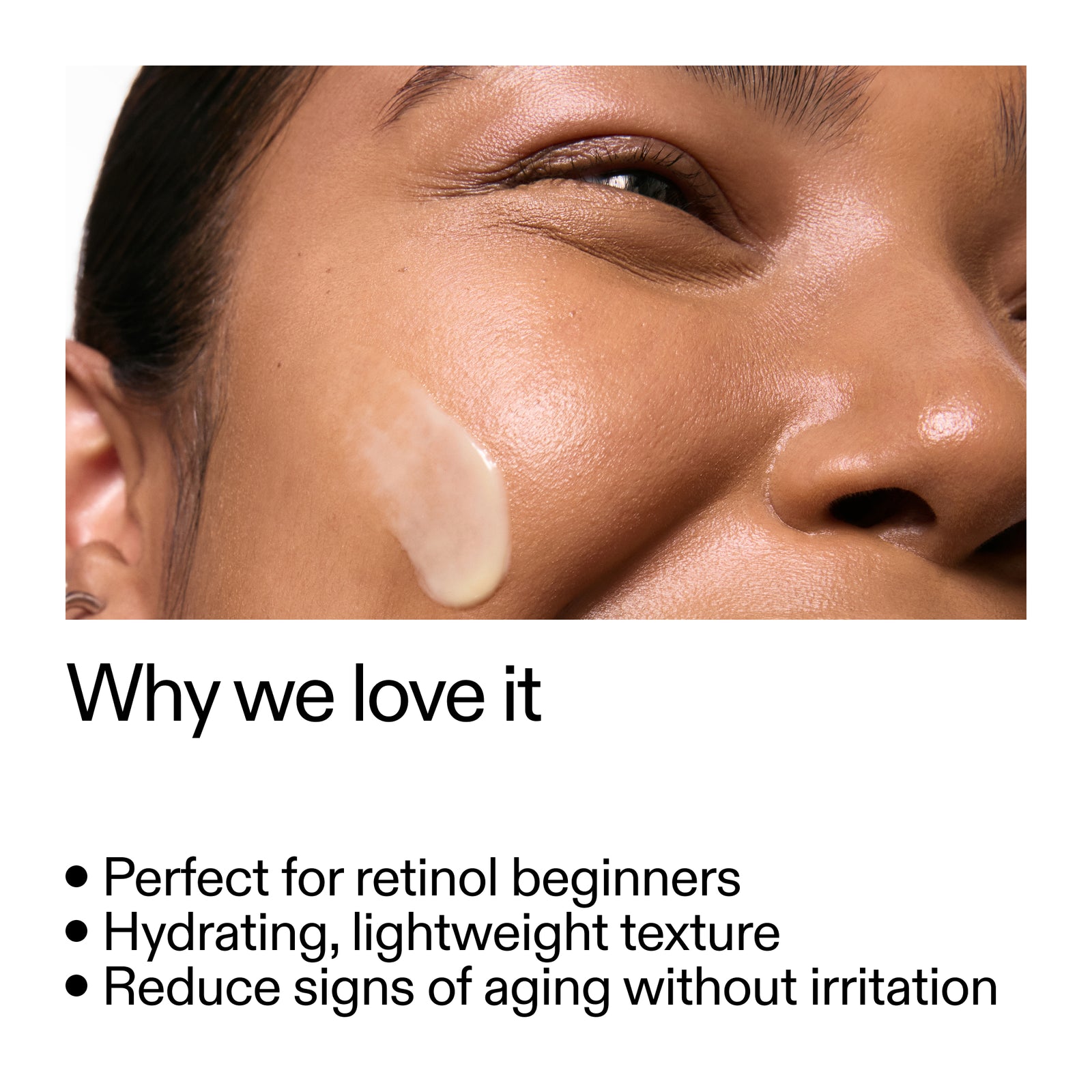 Close-up of a woman's face with a Retinol Serum application, text about product benefits.