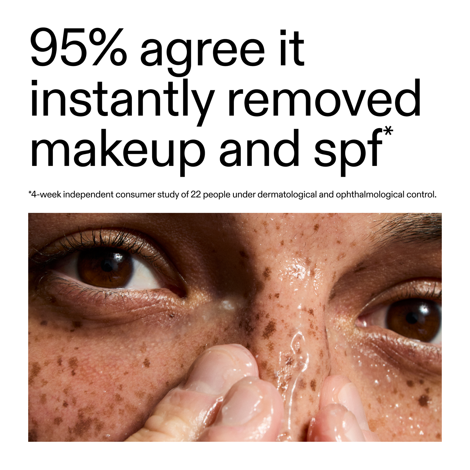 Close-up of a person's eye with text about makeup removal and SPF, sourced from a consumer study.