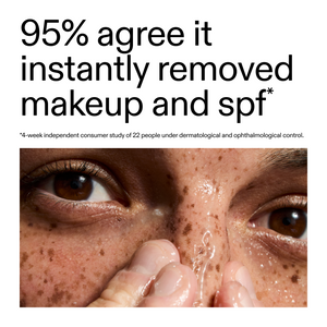 Close-up of a person's eye with text about makeup removal and SPF, sourced from a consumer study.