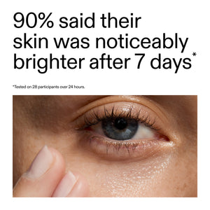Advertisement showing a close-up of a person's eye with text about skin brightening after 7 days using Fulvic cleanser
