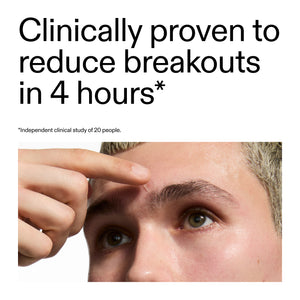 close-up of a person's face with text claiming Hydrocolloid Invisible Pimple Patches clinically reduce breakouts in 4 hours.
