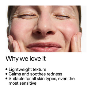 Close-up of a person's face with text highlighting  Azelaic Acid Serum benefits on a white background