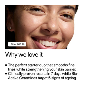 Advertisement for a skincare product featuring a woman's face with text about product benefits.