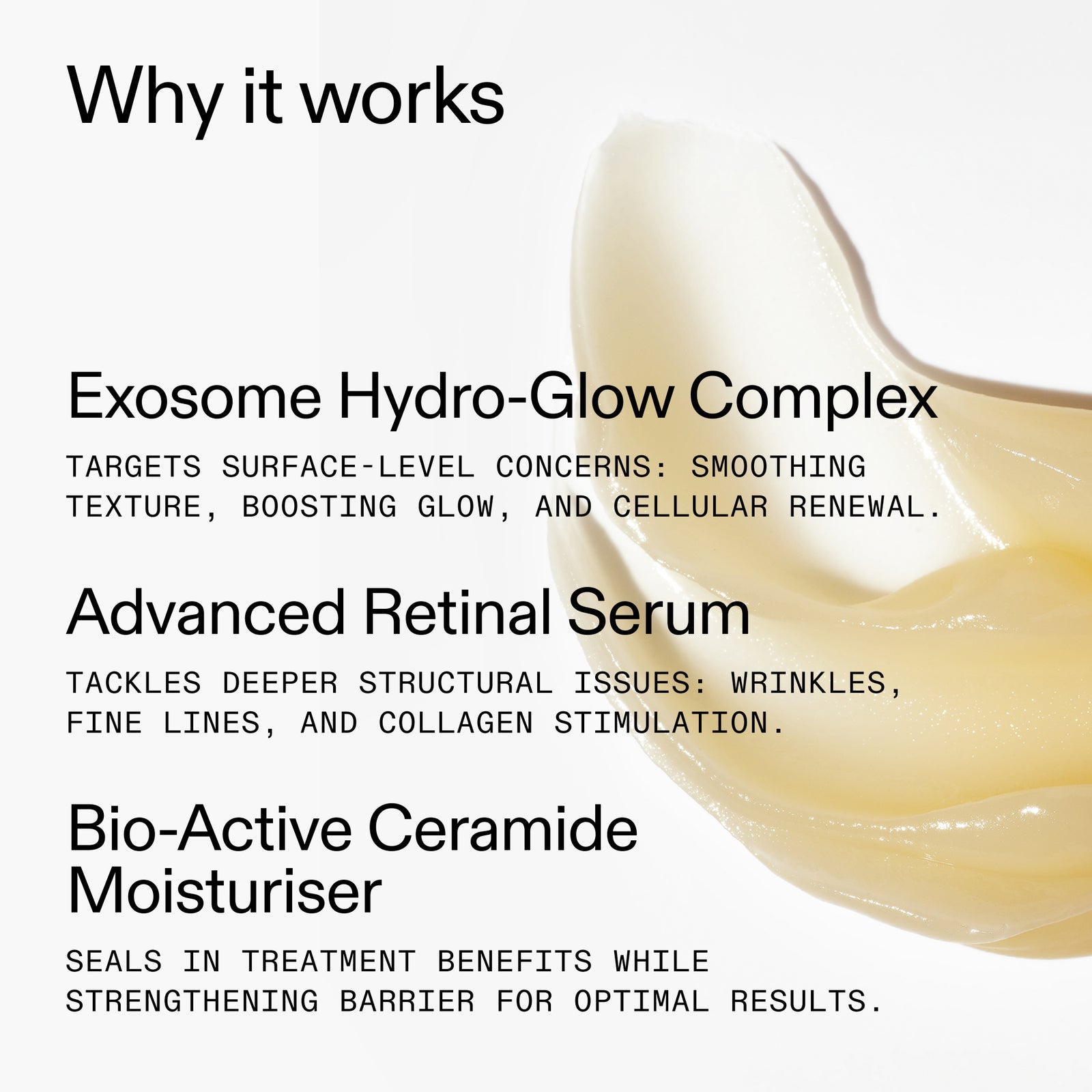 Skincare product with text explaining its components and benefits on a white background