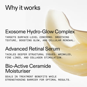 Skincare product with text explaining its components and benefits on a white background