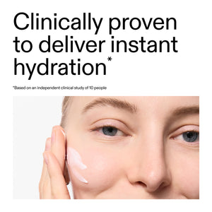 Close-up of a person's face with text claiming instant hydration based on clinical study.