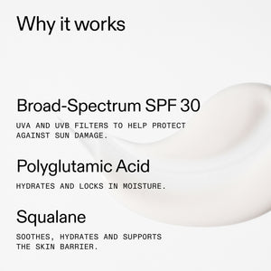 Text detailing the benefits of a skincare product with Broad-Spectrum SPF 30, Polyglutamic Acid, and Squalane on a white background.