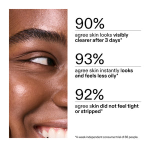 Close-up of a person's face with Salicylic Acid Cleanser claims from a study