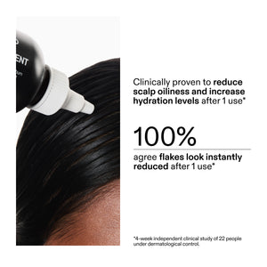 Salicylic Acid Exfoliating Scalp Treatment  being applied to scalp with text about its effects on scalp oiliness and hydration.