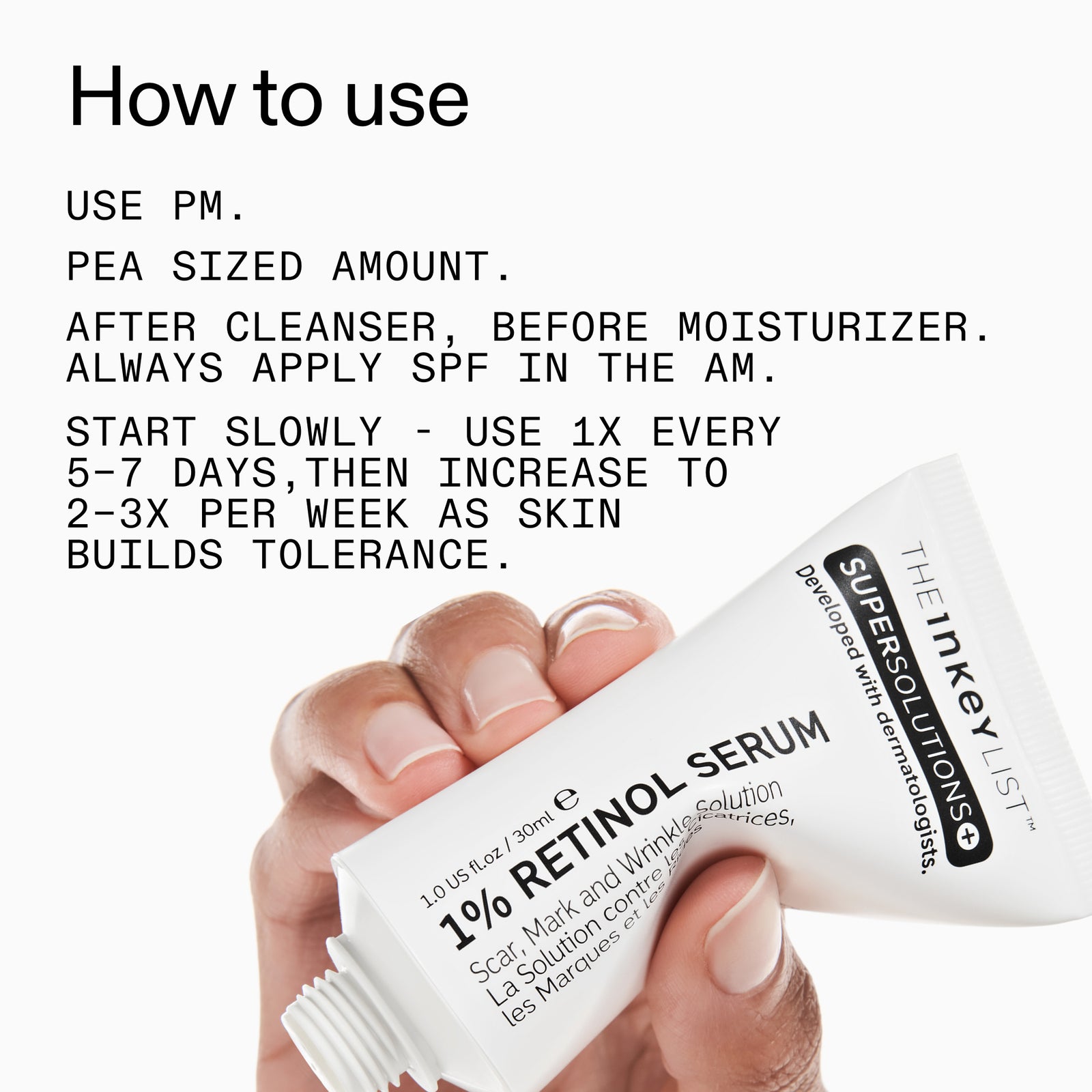 Tube of retinol serum with usage instructions on a white background
