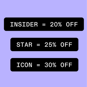 Three black rounded rectangular badges on a light lavender background listing discount tiers: INSIDER = 20% OFF, STAR = 25% OFF, and ICON = 30% OFF.