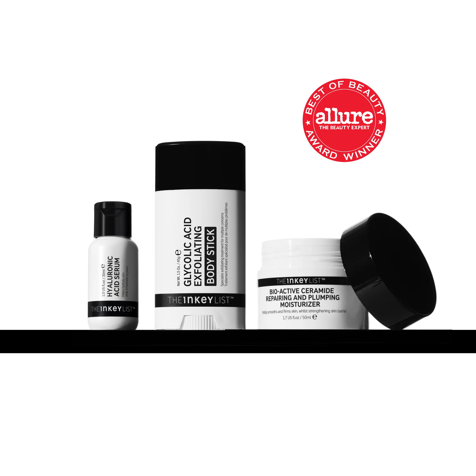 Skincare products with Allure Best of Beauty Award on a white background