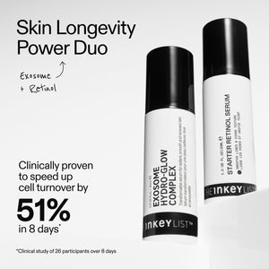 Two skincare serum bottles with text highlighting their benefits on a white background