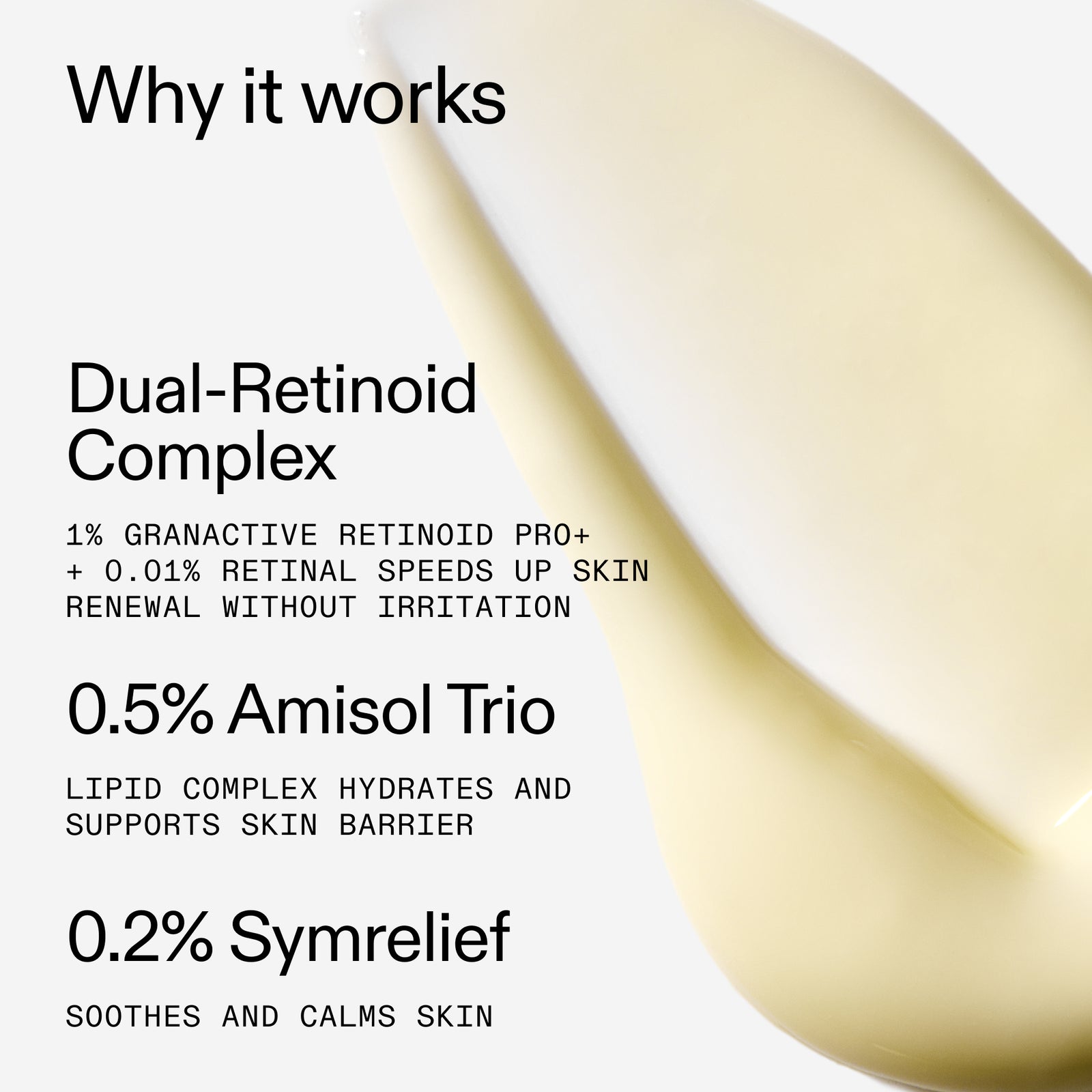 Product label with skincare ingredients and their benefits on a white background
