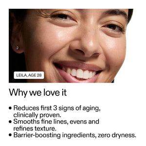 Woman's face with text about skincare product benefits