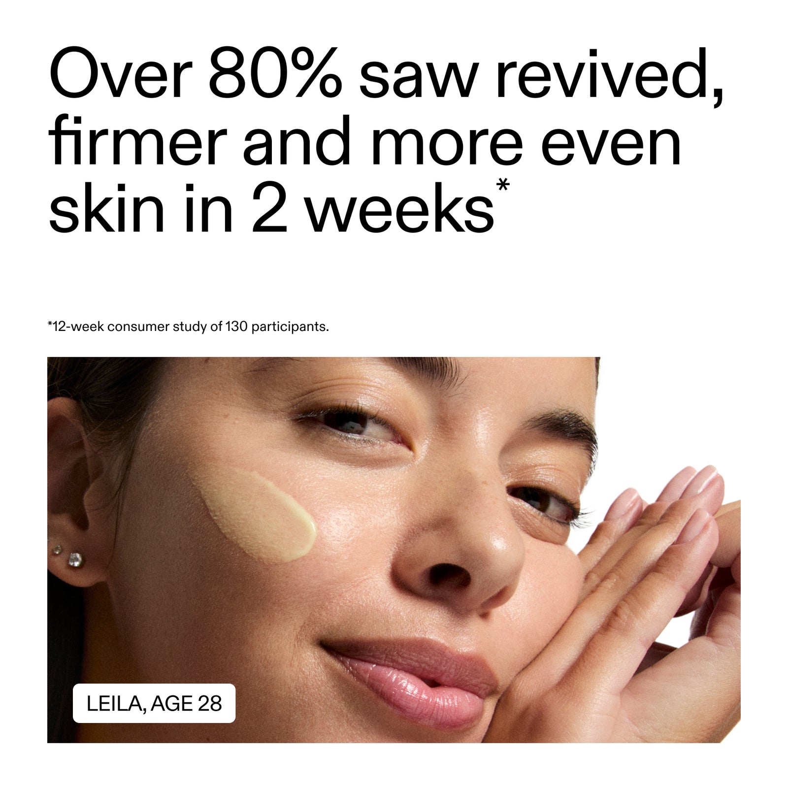 Advertisement for skincare product showing a woman's face with text about skin improvement.