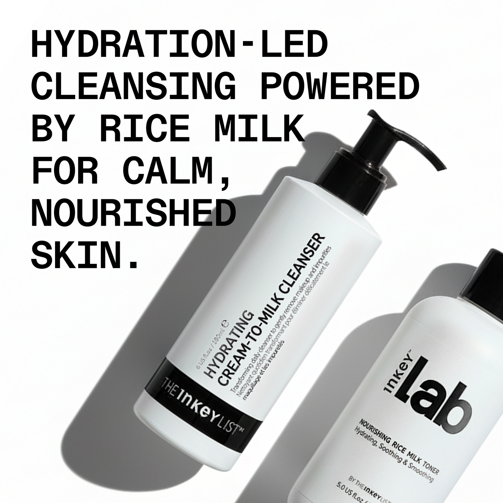 Two skincare products with text about hydration-led cleansing powered by rice milk on a white background.