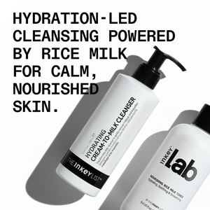 Two skincare products with text about hydration-led cleansing powered by rice milk on a white background.