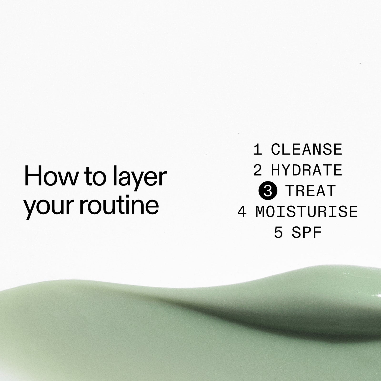 Text on a white background with green skincare product, 'How to layer your routine' guide.