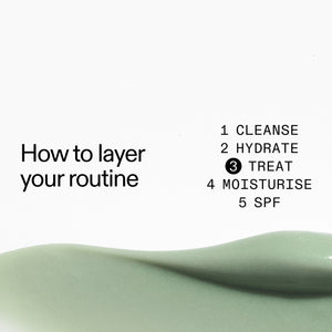 Text on a white background with green skincare product, 'How to layer your routine' guide.