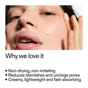 Close-up of a person's face with text highlighting Succinic Acid Treatment benefits