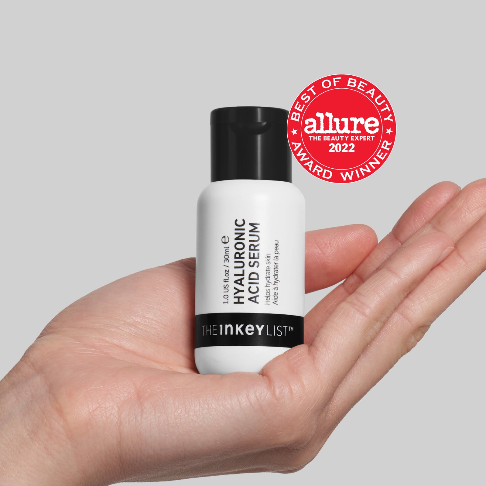 Hyaluronic Acid hand shot with Allure 2022 badge
