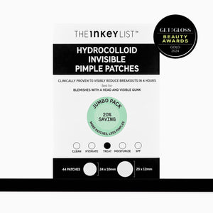 Inkey List Hydrocolloid Invisible Pimple Patch packaging with product details and awards on a white background.