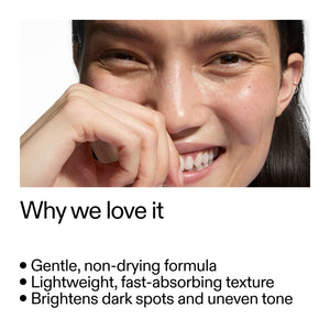 Woman with a smile, text about Tranexamic Acid Serum benefits