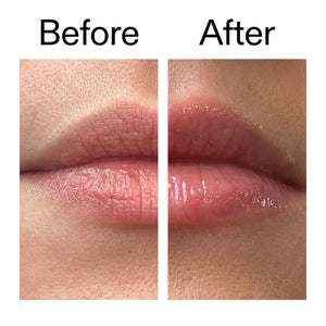 Before and after comparison of lips with a lip product applied.