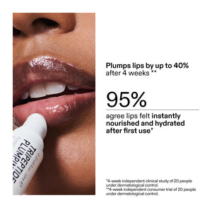 Lip balm with text claiming plumping effects and user feedback on a white background