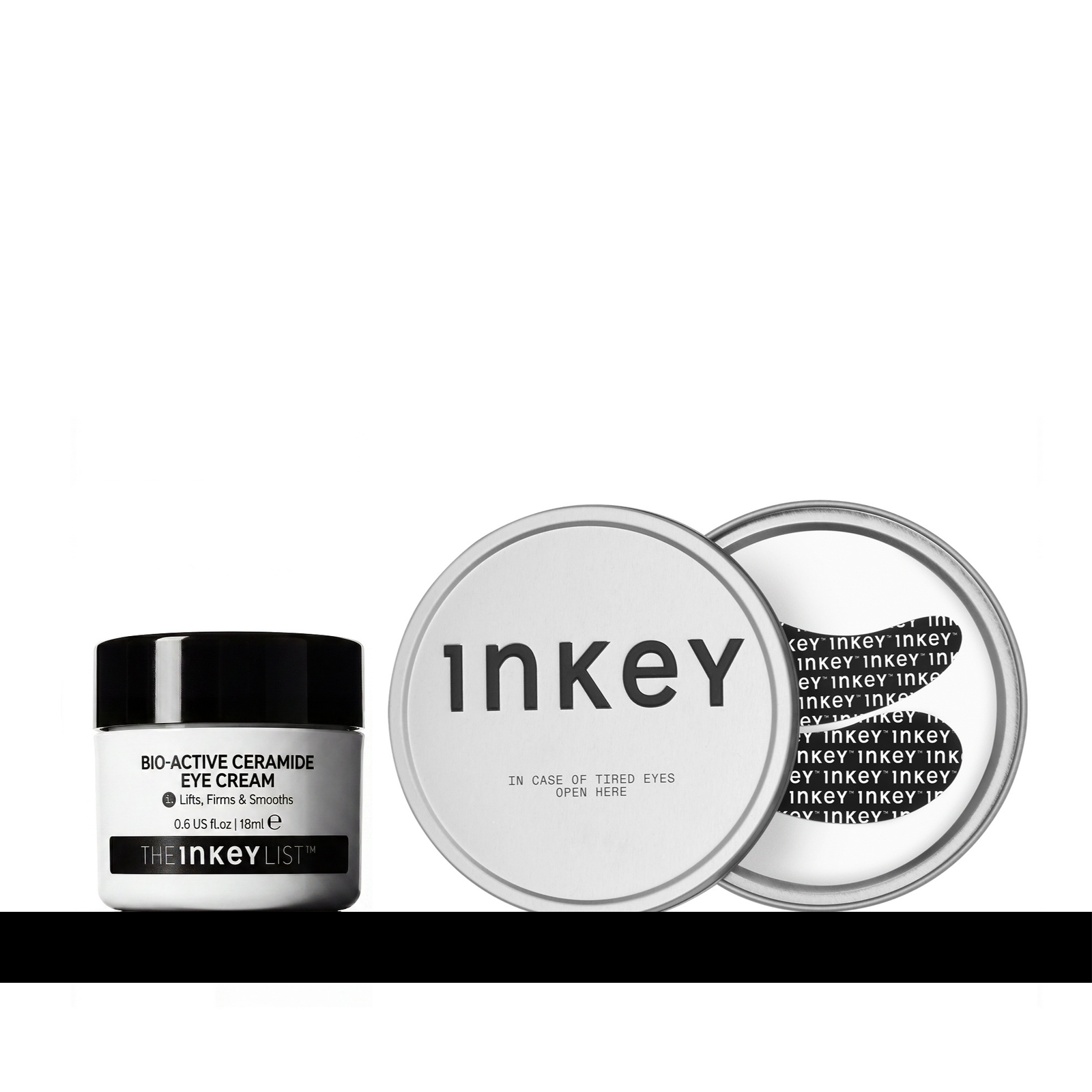 Inkey Bio-Active Ceramic Eye Cream in a white jar with a black lid, shown next to the Inkey Eye Patches on a white background with a black horizontal bar at the bottom.