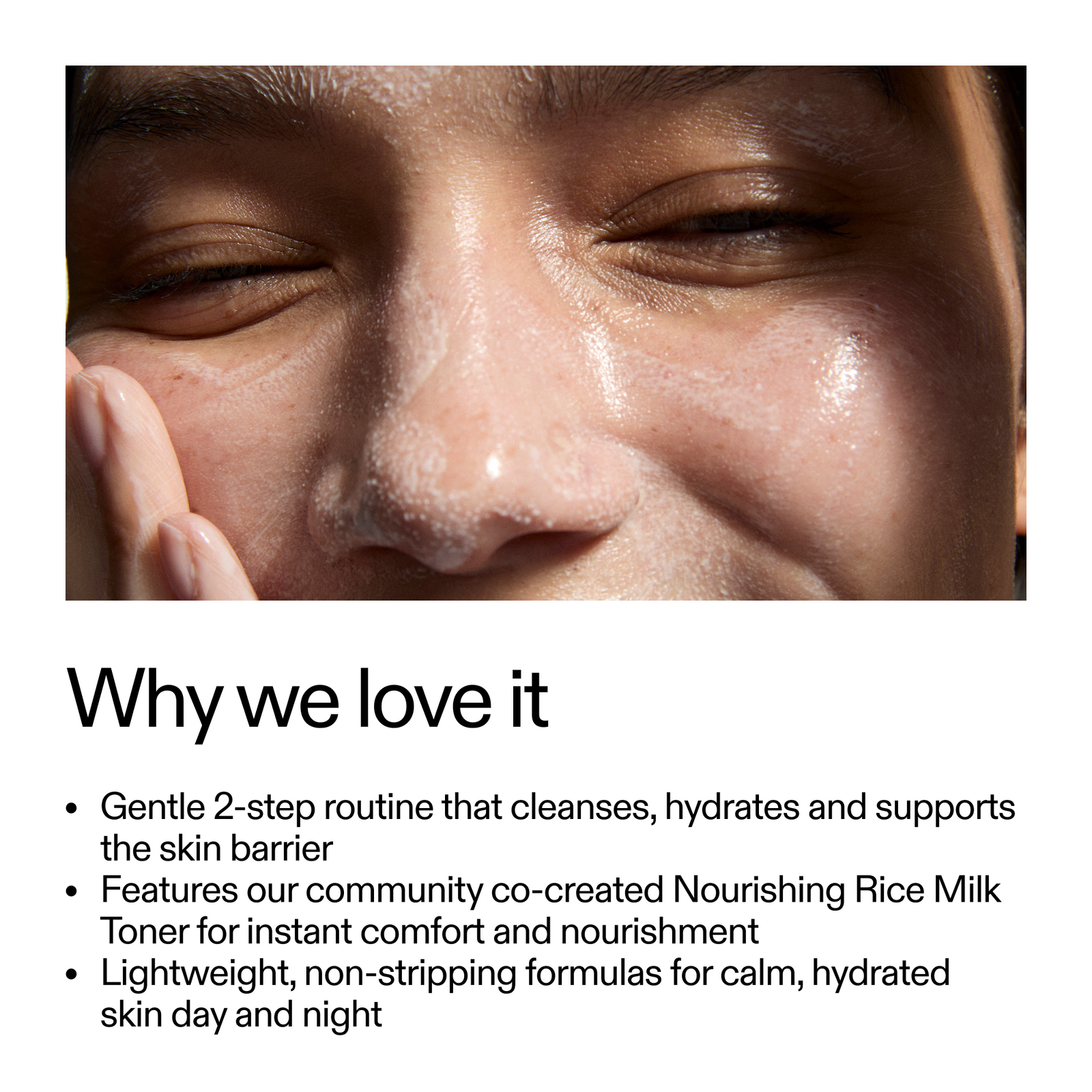 Close-up of a person's face with text about skincare routine