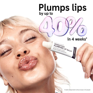 Model holding Tripeptide Plumping Lip Balm with key claim