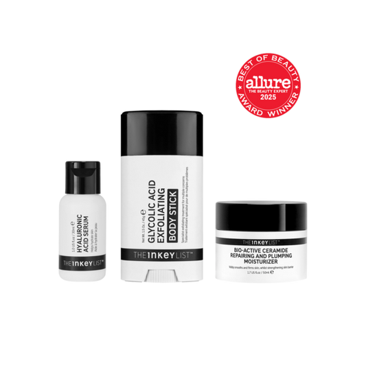 Set of skincare products from The Inkey List with 'Allure Best of Beauty 2025' award on a white background