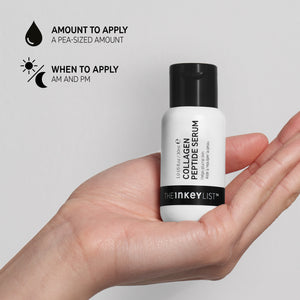Shot of Collagen Serum bottle with text that reads 'Amount to apply: a pea-sized amount' and 'When to apply: AM and PM'