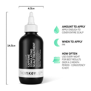 Caffeine stimulating scalp treatment bottle with when and how to use infographic. Product dimension 14.5cm x 4.5cm