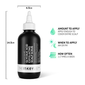 Glycolic Acid Exfoliating Scalp Scrub bottle infographic with bottle dimensions and how to apply text