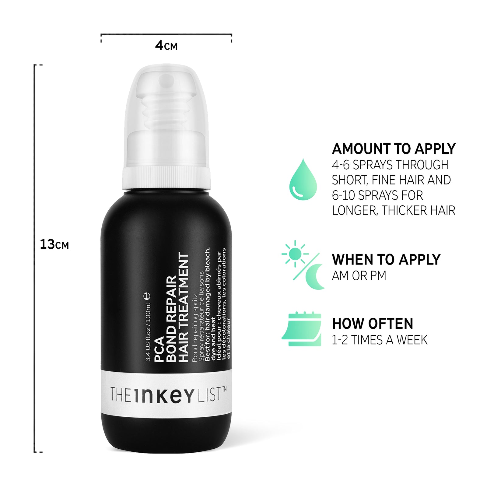 PCA Bond Repair Hair Treatment bottle with when and how to use infographic. Product dimension 13m x 4cm