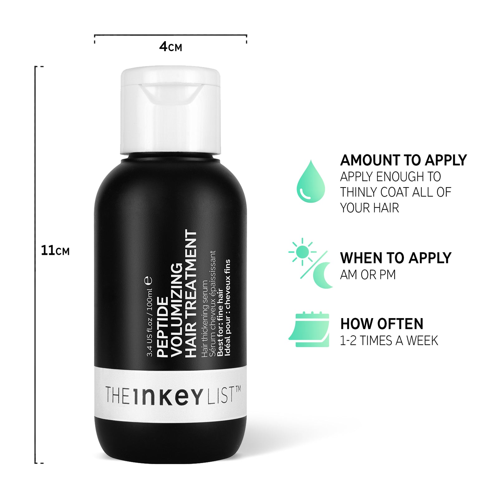 Peptide Volumizing Hair Treatment bottle with when and how to use infographic. Product dimension 11cm x 4cm