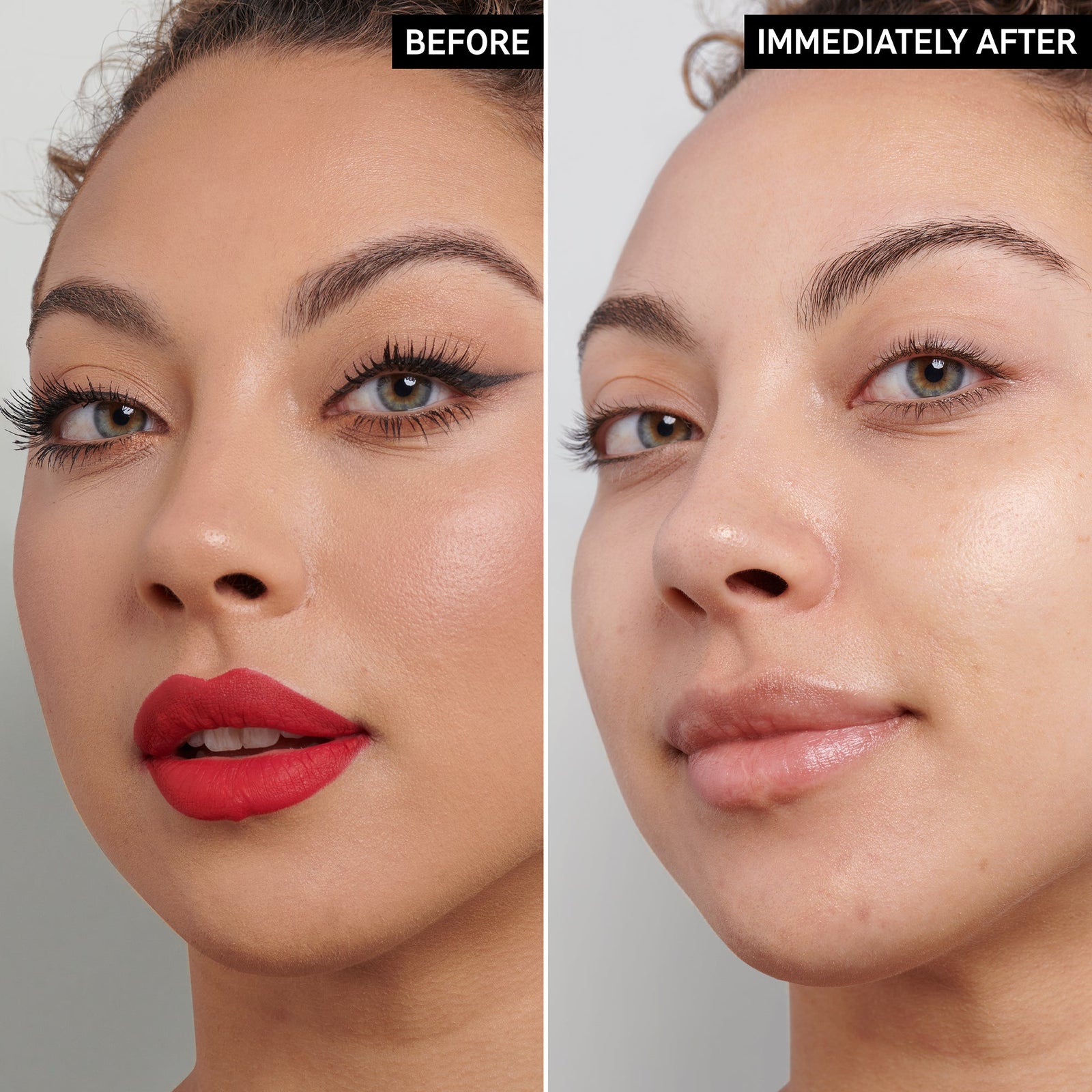 2 images of a model's face side by side to show before and immediately after taking makeup off with Oat Cleansing Balm