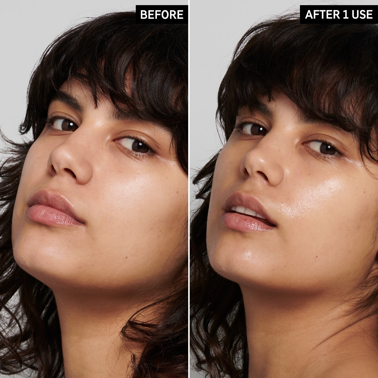2 images of a model's face side by side to show the before and after using Polyglutamic Acid Serum just once