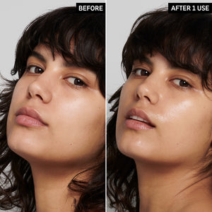 2 images of a model's face side by side to show the before and after using Polyglutamic Acid Serum just once